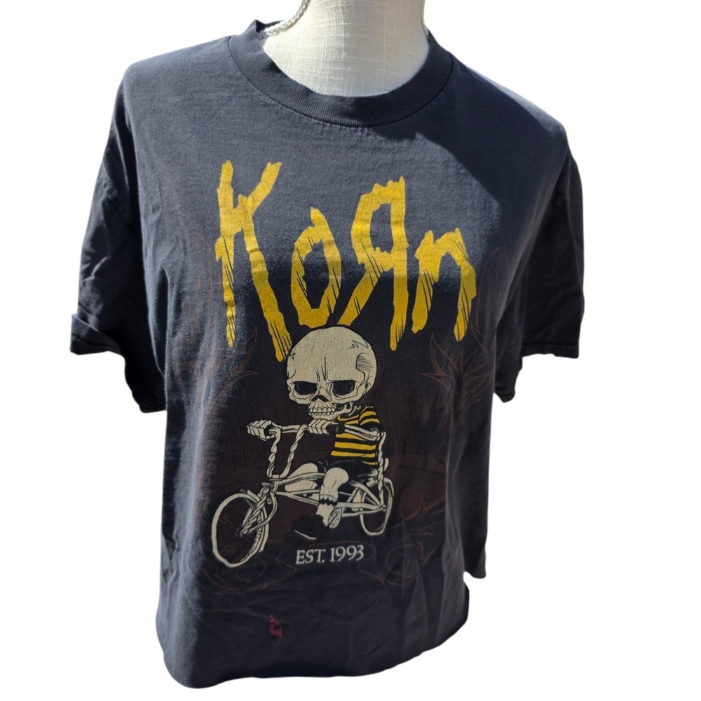 Korn 100% cotton Large Band T-Shirt Skeleton Bike Graphic Tee Black Short Sleeve